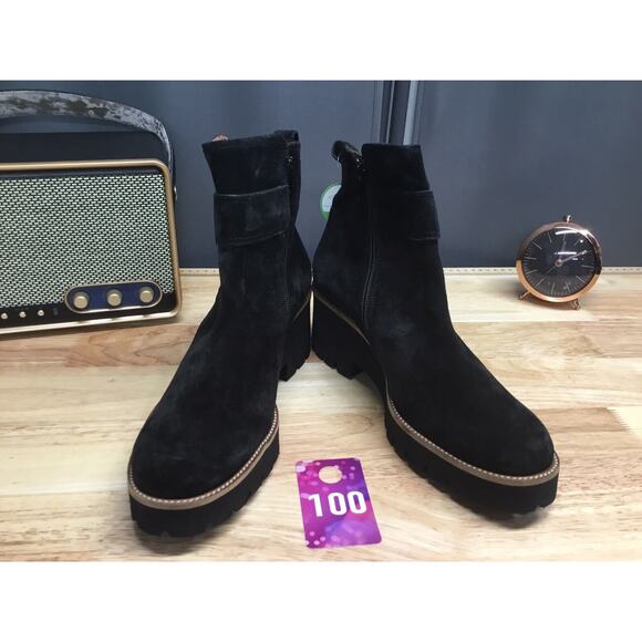 PAUL GREEN Jano Lug Sole Bootie In Black Suede Women Size 10.5 US / 8 UK NEW Zip